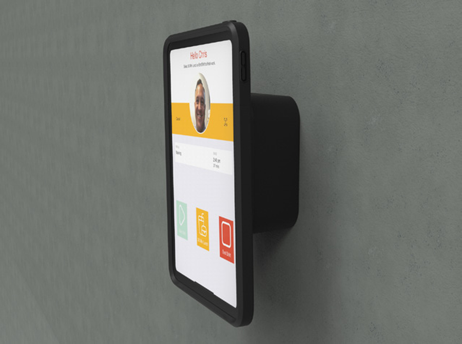 An iPad in an IPORT CONNECT Case on a Tilt PoE+ mount, angled for easier reach